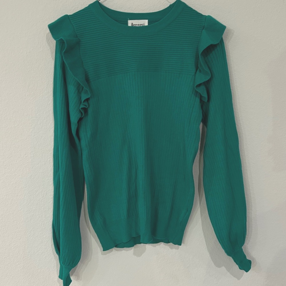 &merci Emerald Green Ribbed Knit Sweater Ruffle Puff Sleeve Boutique Medium - Picture 2 of 10